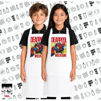 Superhero Deadpool Wolverine, Λευκή ΠΑΙΔΙΚΗ Ποδιά μακριά Σεφ ολόσωμη με τσέπες