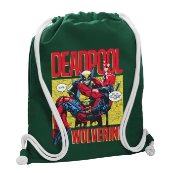 Superhero Deadpool Wolverine, Τσάντα πλάτης πουγκί GYMBAG BOTTLE GREEN, με τσέπη (40x48cm) & χονδρά λευκά κορδόνια