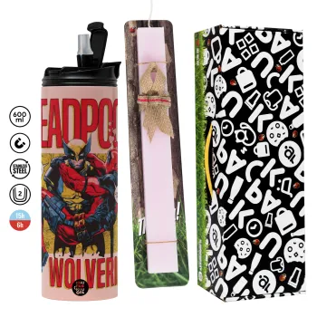 Superhero Deadpool Wolverine, Πασχαλινή Λαμπάδα με  ΡΟΖ Travel Tumbler θερμό (600ml, BPA free) & κερί αρωματικό πλακέ (30cm) (ΡΟΖ)