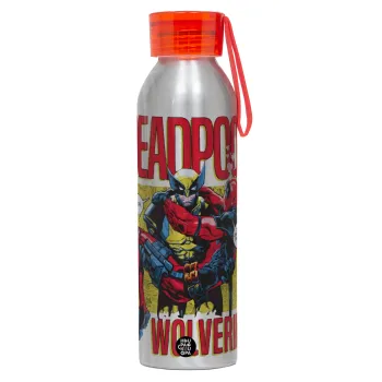 Superhero Deadpool Wolverine, Αλουμινένιο Αθλητικό Μπουκάλι 650ml – Ασημί με Κόκκινο Καπάκι και Λουράκι Σιλικόνης