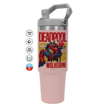 Superhero Deadpool Wolverine, ΡΟΖ χρώματος Θερμός Ανοξείδωτο 890ml (30oz) με χερούλι