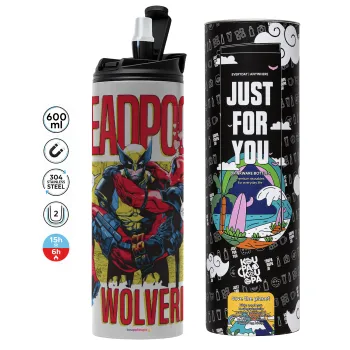 Superhero Deadpool Wolverine, Tumbler ποτήρι θερμό ΓΚΡΙ από ανοξείδωτο ατσάλι 600ml