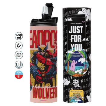Superhero Deadpool Wolverine, Tumbler ποτήρι θερμό ΡΟΖ από ανοξείδωτο ατσάλι 600ml