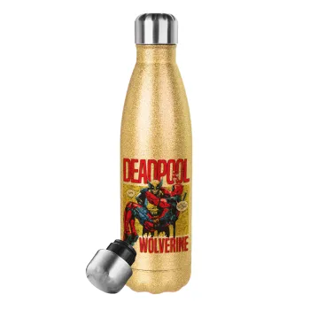 Superhero Deadpool Wolverine, Glitter gold stainless steel thermos bottle, double-walled, 500ml