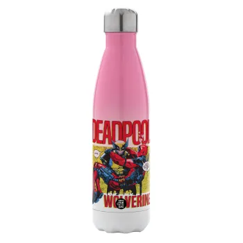 Superhero Deadpool Wolverine, Metal mug thermos Pink/White (Stainless steel), double wall, 500ml