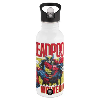 Superhero Deadpool Wolverine, Παγούρι νερού Λευκό με καλαμάκι, ανοξείδωτο ατσάλι 600ml
