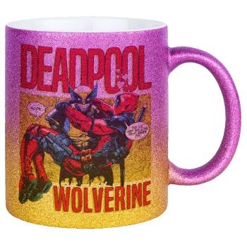 Superhero Deadpool Wolverine, Κούπα Χρυσή/Ροζ Glitter, κεραμική, 330ml