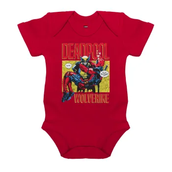 Superhero Deadpool Wolverine, Βρεφικό φορμάκι μωρού, ΚΟΚΚΙΝΟ, 100% Organic Cotton, κοντομάνικο