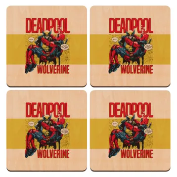 Superhero Deadpool Wolverine, ΣΕΤ x4 Σουβέρ ξύλινα τετράγωνα plywood (9cm)