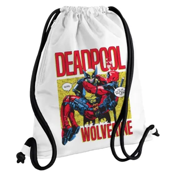 Superhero Deadpool Wolverine, Backpack pouch GYMBAG white, with pocket (40x48cm) & thick cords