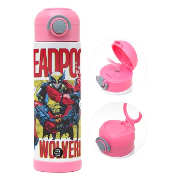 Superhero Deadpool Wolverine, Children's hot water bottle, stainless steel, with safety straw, PINK (500ml)