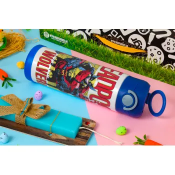 Superhero Deadpool Wolverine, Πασχαλινή Λαμπάδα με Παιδικό παγούρι θερμό, ανοξείδωτο, με καλαμάκι ασφαλείας, ΜΠΛΕ (500ml)