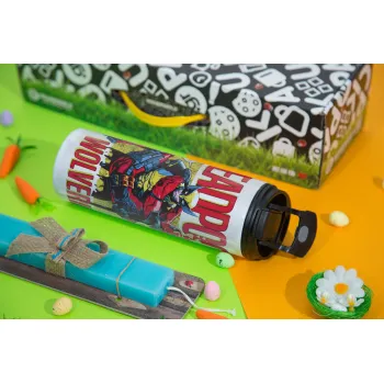 Superhero Deadpool Wolverine, Πασχαλινή Λαμπάδα με Travel Tumbler θερμό με διπλό καπάκι (600ml, BPA free) & κερί αρωματικό πλακέ (30cm) (ΤΙΡΚΟΥΑΖ)