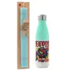 Easter Set, Metallic green/white thermos (Stainless steel), double-walled, 500ml & scented flat Easter candle (30cm) (TURQUOISE)