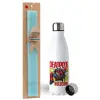 Easter Set, metallic stainless steel water bottle (750ml) & aromatic flat Easter candle (30cm) (TURQUOISE)