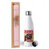 Easter Set, metallic stainless steel water bottle (750ml) & scented flat Easter candle (30cm) (PINK)