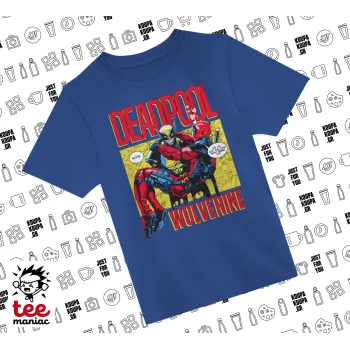 Superhero Deadpool Wolverine, Παιδικό T-Shirt ΜΠΛΕ από 100% βαμβάκι, για κάθε μέρα. Vegan & OEKO-TEX πιστοποιημένο.