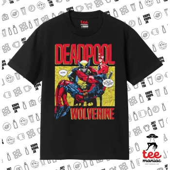 Superhero Deadpool Wolverine, Κλασικό T-Shirt, διπλής ραφής, χωρίς πλευρικές ραφές ΜΑΥΡΟ από 100% βαμβάκι. Vegan & OEKO-TEX πιστοποιημένο.