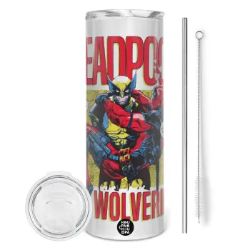Superhero Deadpool Wolverine, Tumbler ποτήρι θερμό από ανοξείδωτο ατσάλι 600ml, με μεταλλικό καλαμάκι & βούρτσα καθαρισμού