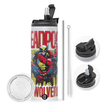Superhero Deadpool Wolverine, Travel Tumbler 2 Lids, with metal straw & cleaning brush (Stainless steel 304 Food grade, BPA free, 600ml)