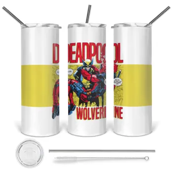 Superhero Deadpool Wolverine, Tumbler ποτήρι θερμό από ανοξείδωτο ατσάλι 600ml, με μεταλλικό καλαμάκι & βούρτσα καθαρισμού