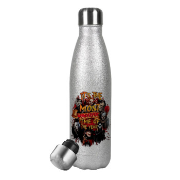 Halloween it's most wonderful time of the year, Metallic Glitter Silver Thermos Flask (Stainless steel), double-walled, 500ml