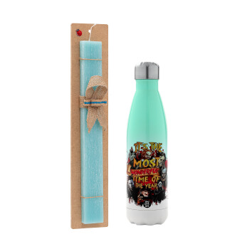 Halloween it's most wonderful time of the year, Easter Set, Metallic green/white thermos (Stainless steel), double-walled, 500ml & scented flat Easter candle (30cm) (TURQUOISE)
