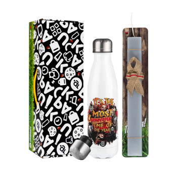 Halloween it's most wonderful time of the year, Easter candle, metallic white thermos bottle (500ml) & aromatic flat candle (30cm) (GRAY)