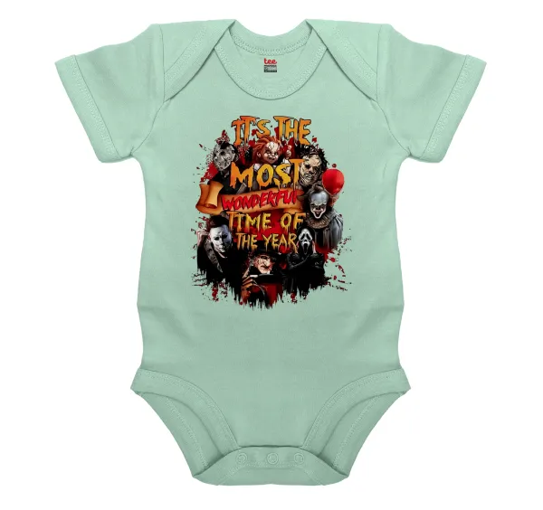 Halloween it's most wonderful time of the year — Βρεφικό φορμάκι μωρού, 0-18 μηνών, mint, 100% Organic Cotton, κοντομάνικο