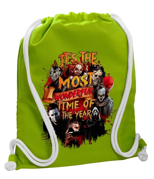 Halloween it's most wonderful time of the year — Backpack bag GYMBAG LIME GREEN, with pocket (40x48cm) & thick cords