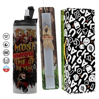 Halloween it's most wonderful time of the year, Πασχαλινή Λαμπάδα με Travel Tumbler θερμό (600ml, BPA free) & κερί αρωματικό πλακέ (30cm) (ΓΚΡΙ)