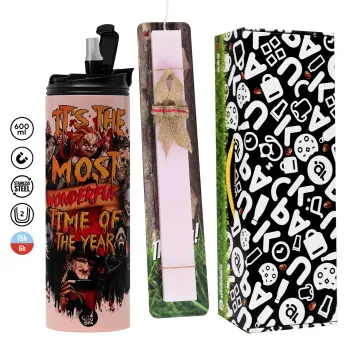 Halloween it's most wonderful time of the year, Πασχαλινή Λαμπάδα με  ΡΟΖ Travel Tumbler θερμό (600ml, BPA free) & κερί αρωματικό πλακέ (30cm) (ΡΟΖ)