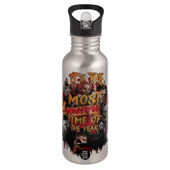Halloween it's most wonderful time of the year, Water bottle Silver with straw, stainless steel 600ml