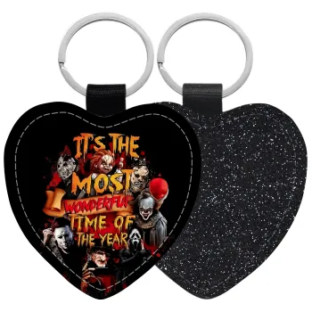 Halloween it's most wonderful time of the year, Μπρελόκ PU δερμάτινο glitter καρδιά ΜΑΥΡΟ