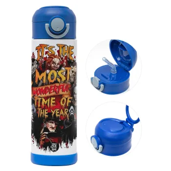 Halloween it's most wonderful time of the year, Παιδικό παγούρι θερμό, ανοξείδωτο, με καλαμάκι ασφαλείας, ΜΠΛΕ (500ml)