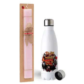Halloween it's most wonderful time of the year, Easter Set, metallic stainless steel water bottle (750ml) & scented flat Easter candle (30cm) (PINK)