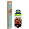 Easter Set, Children's thermal stainless steel bottle with safety straw, green/blue (350ml) & aromatic flat Easter candle (30cm) (TURQUOISE)
