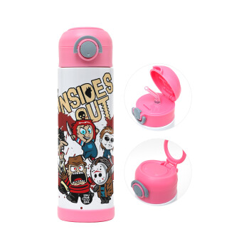 Halloween Inside out, Children's hot water bottle, stainless steel, with safety straw, PINK (500ml)