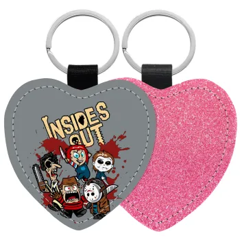 Halloween Inside out, Μπρελόκ PU δερμάτινο glitter καρδιά ΡΟΖ
