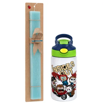 Halloween Inside out, Easter Set, Children's thermal stainless steel bottle with safety straw, green/blue (350ml) & aromatic flat Easter candle (30cm) (TURQUOISE)