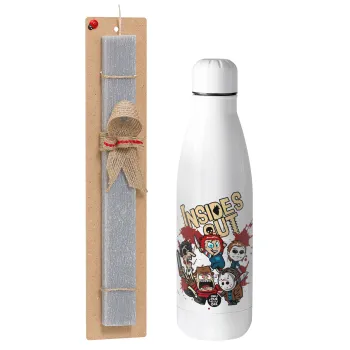 Halloween Inside out, Easter Set, metallic stainless thermos bottle (500ml) & scented flat Easter candle (30cm) (GRAY)