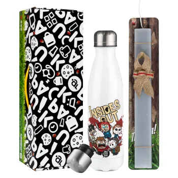 Halloween Inside out, Πασχαλινή Λαμπάδα με μεταλλικό παγούρι θερμός λευκός (500ml) & λαμπάδα αρωματική πλακέ (30cm) (ΓΚΡΙ)