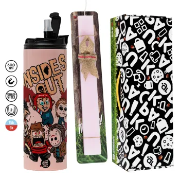 Halloween Inside out, Πασχαλινή Λαμπάδα με  ΡΟΖ Travel Tumbler θερμό (600ml, BPA free) & κερί αρωματικό πλακέ (30cm) (ΡΟΖ)
