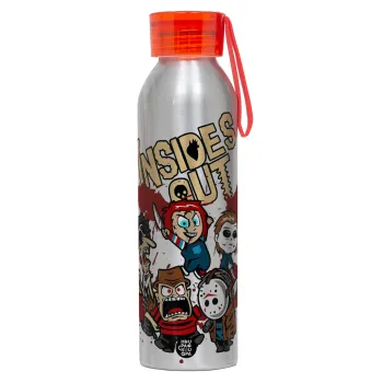 Halloween Inside out, Αλουμινένιο Αθλητικό Μπουκάλι 650ml – Ασημί με Κόκκινο Καπάκι και Λουράκι Σιλικόνης