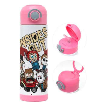 Halloween Inside out, Παιδικό παγούρι θερμό, ανοξείδωτο, με καλαμάκι ασφαλείας, ΡΟΖ (500ml)