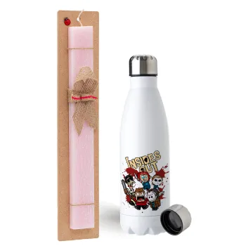 Halloween Inside out, Easter Set, metallic stainless steel water bottle (750ml) & scented flat Easter candle (30cm) (PINK)