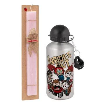Halloween Inside out, Easter Set, metallic Silver aluminum water bottle (500ml) & scented flat Easter candle (30cm) (PINK)
