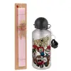 Easter Set, metallic Silver aluminum water bottle (500ml) & scented flat Easter candle (30cm) (PINK)