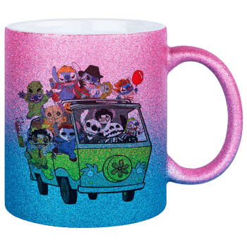 Stitch Halloween scooby car, Κούπα Χρυσή/Μπλε Glitter, κεραμική, 330ml