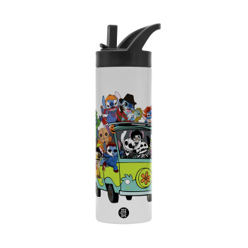 Stitch Halloween scooby car, Metallic thermos bottle with straw & handle, stainless steel (Stainless steel 304), double-walled, 600ml.
